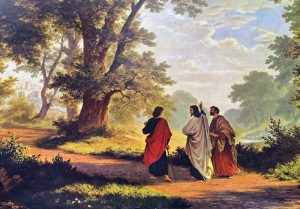 painiting of jesus with disciples on road to emmaus